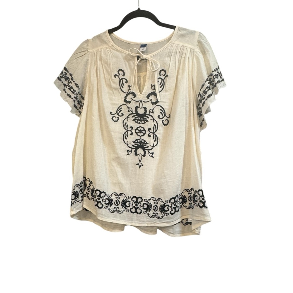 Old Navy Embroidered Peasant Blouse Cream And Black Size XL NWT Boho